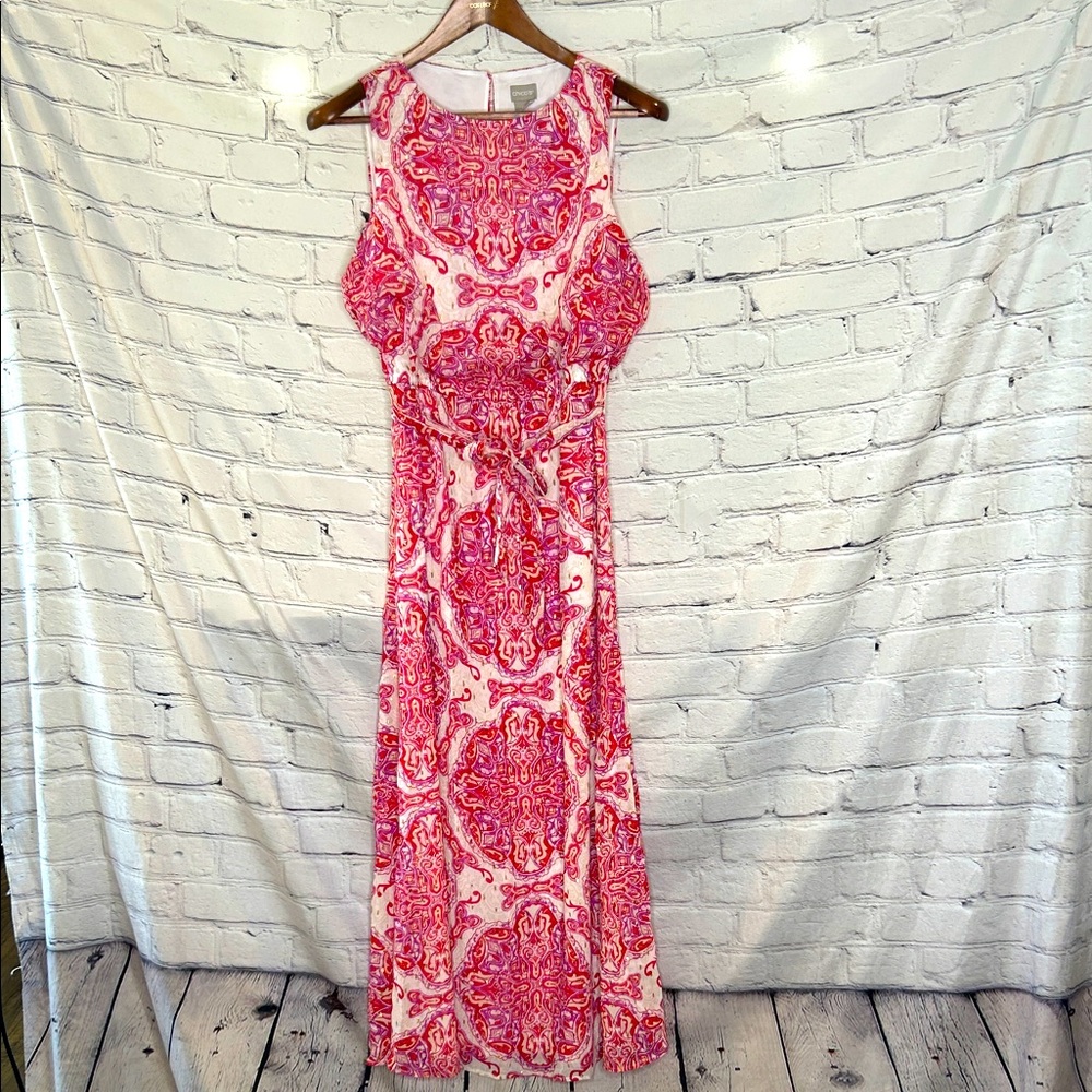 Chico’s Red & White Gold Metallic Accent Belted Maxi Dress Size 2
